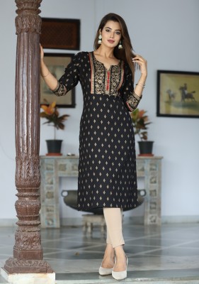 SHUBH LAXMI FASHION Women Printed Straight Kurta(Black, Gold)