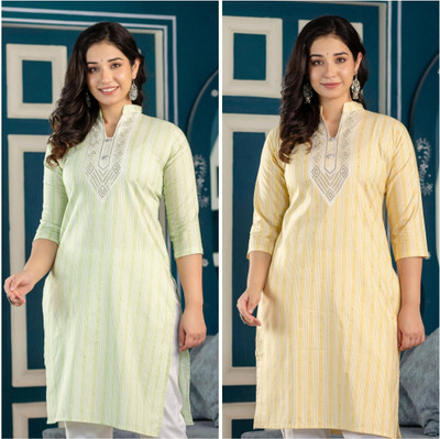 ATTIREGURU Women Embroidered Straight Kurta(Yellow, Light Green)