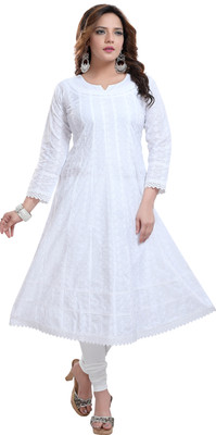 TattvaLoom Women Embroidered Flared Kurta(White)