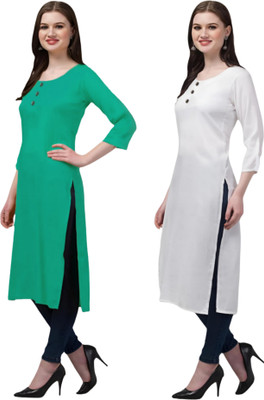 Coft Women Self Design, Solid Straight Kurta(Green, White)