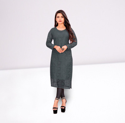 URUFASHIIONMART Women Self Design Straight Kurta(Grey)