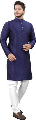 Vibhuti Men Woven Design, Checkered, Embroidered Straight Kurta(Dark Blue)