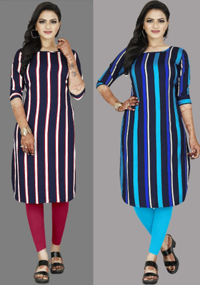 tanvi creation Women Striped Straight Kurta(Light Blue, Purple)