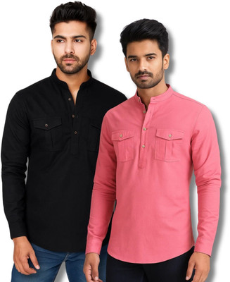 RANGFIT Men Solid Straight Kurta(Black, Pink)