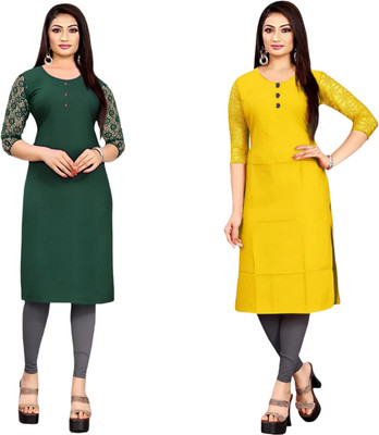 HOFC Women Solid Straight Kurta(Dark Green, Yellow)