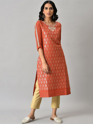 W Women Self Design Straight Kurta(Orange)