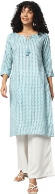 Sa Rasa Women Floral Print Straight Kurta(Light Blue)