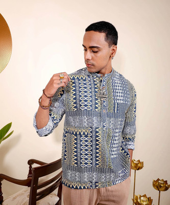 The Indian Garage Co. Men Printed A-line Kurta(Dark Blue, White, Yellow)
