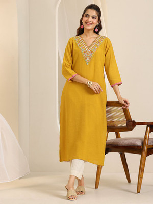 LIBAS Women Embroidered Straight Kurta(Yellow)