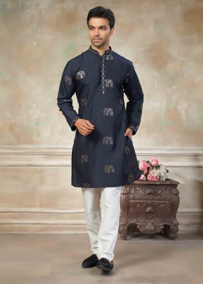 Outluk Men Embroidered Straight Kurta(Dark Blue)