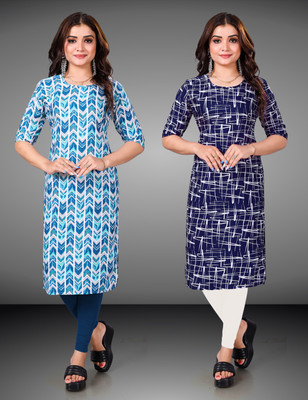 MOBHISA Women Printed Straight Kurta(Blue)