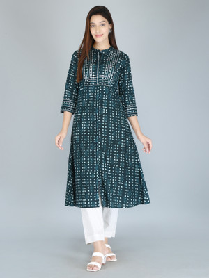 Kriftee Women Printed A-line Kurta(Dark Green)