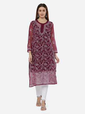 FAWOMENT Women Embroidered Straight Kurta(Maroon)