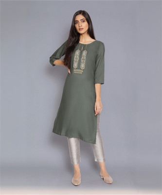 W Women Embroidered Straight Kurta(Green)