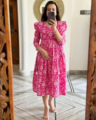 S R TEXTILE Women Printed A-line Kurta(Pink)