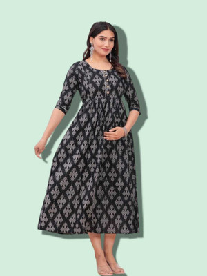 HOUSE OFF COMMON Women Printed Anarkali Kurta(Black)