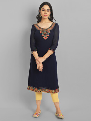 Vastani Enterprise Women Embroidered A-line Kurta(Dark Blue)