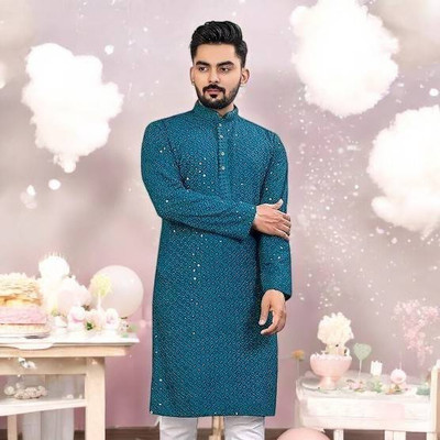 Qitty Men Chikan Embroidery Straight Kurta(Blue)