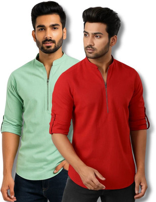 EchoWear Men Solid Straight Kurta(Light Blue, Red)