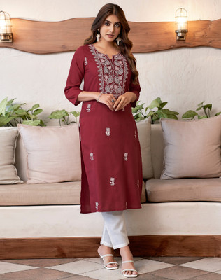 Anmi Chikan Embroidery, Embellished Women Straight Kurta(Maroon)