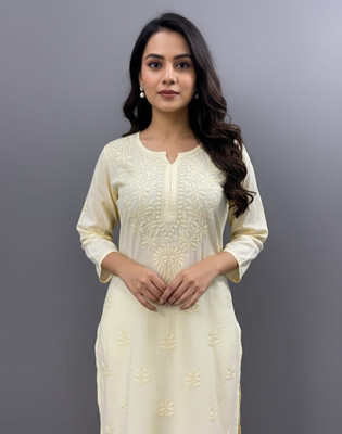 AMLIFESTYLE Women Chikan Embroidery, Embroidered Straight Kurta(Yellow)