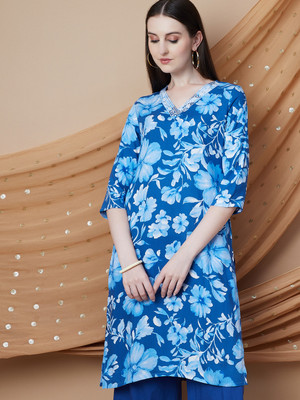 Melange by Lifestyle Women Printed Straight Kurta(Blue)