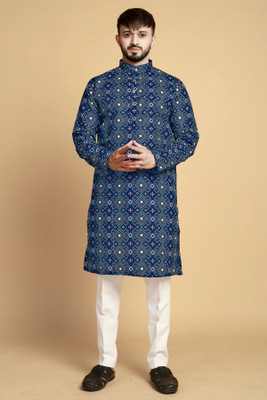 VISHESTA Men Floral Print Straight Kurta(Blue)