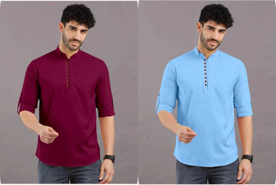 GUYS HUBB Men Solid Straight Kurta(Maroon, Blue)
