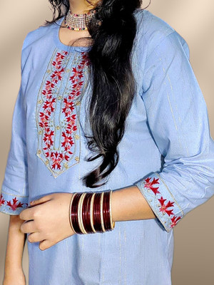 ASCREATION Women Embroidered Straight Kurta(Light Blue, Orange)