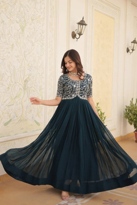 Lazzly Women Embroidered Anarkali Kurta(Dark Blue)