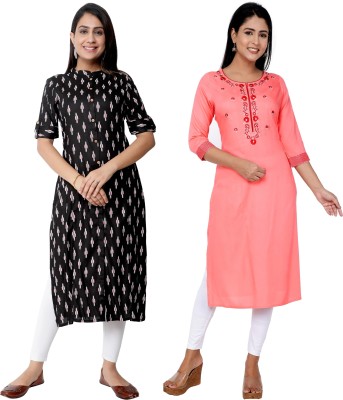 Kundan Women Printed Straight Kurta(Black, Pink)