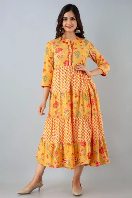 BAHADUR Women Printed Anarkali Kurta(Yellow)