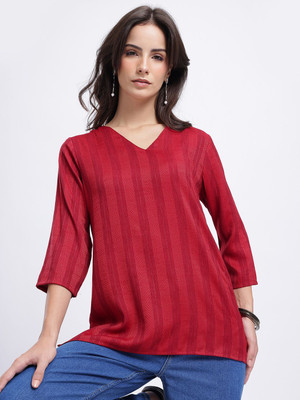 Anouk Rustic Women Striped A-line Kurta(Red)