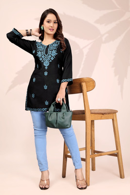 BNCOLLECTION Women Embroidered A-line Kurta(Dark Blue)