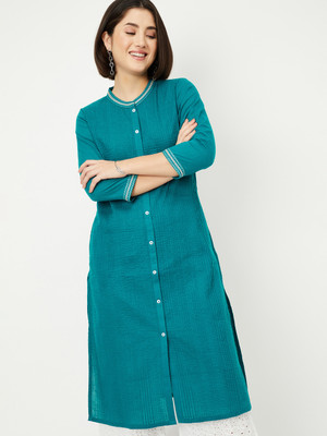 MAX Women Striped Straight Kurta(Green)