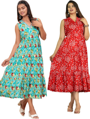 RD Fab Women Embroidered, Floral Print Anarkali Kurta(Red, Green)