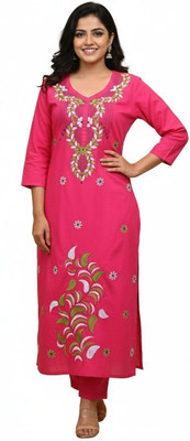 AlishaXpress Women Embroidered A-line Kurta(Pink)
