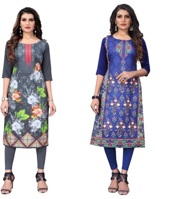 Yasti Enterprise Women Printed Anarkali Kurta(Grey, Blue)