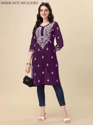 PILUDI Women Chikan Embroidery Straight Kurta(White, Purple)