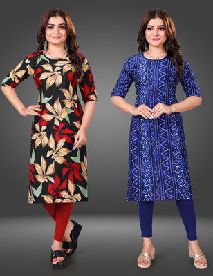 MOBHISA Women Printed Straight Kurta(Dark Blue)