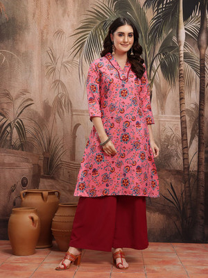 Sangria Women Floral Print A-line Kurta(Pink)