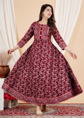 fastal look Women Printed Anarkali Kurta(Grey, Red, Maroon)