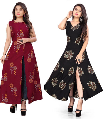 Hiral Creation Women Printed Frontslit Kurta(Black, Maroon)