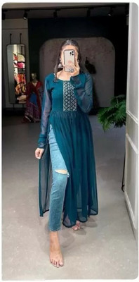 dhyan creation Women Solid, Embroidered Ethnic Dress Kurta(Dark Blue)