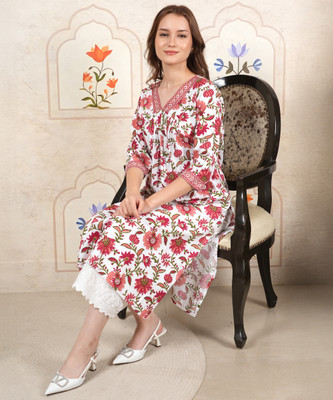 JINVARAM Women Floral Print A-line Kurta(Red)
