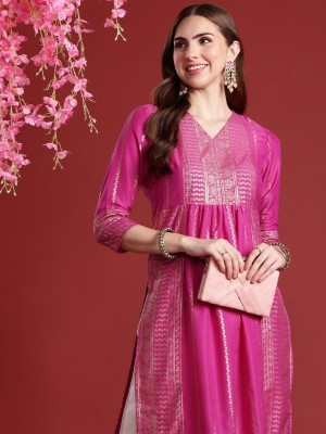 ANOUK Women Embroidered A-line Kurta(Pink, Gold)