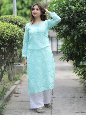 Chikirpolo Women Chikan Embroidery Straight Kurta(Light Blue)