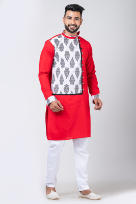 Rainbow Cloths Men Floral Print Straight Kurta(Red)