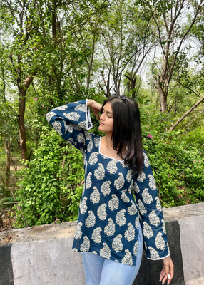 Panchiraj Women Printed A-line Kurta(Blue)