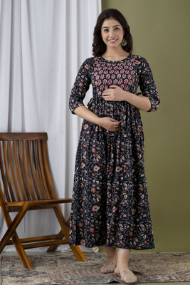 GUNINI Women Printed Anarkali Kurta(Black)